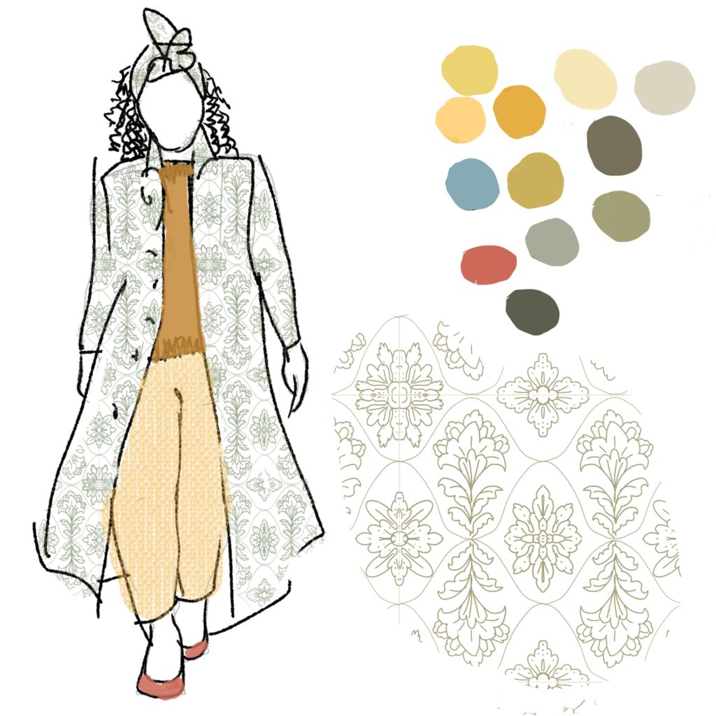 fashion sketch with pattern and palette