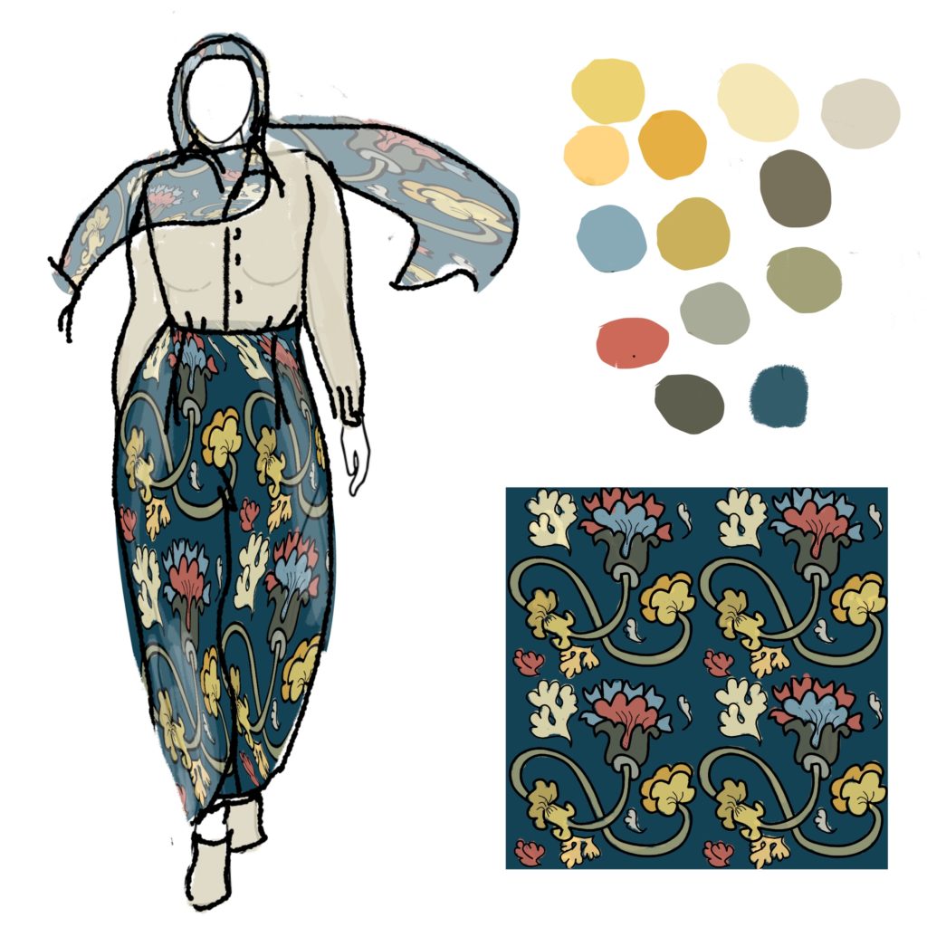 fashion sketch with head covering, pattern, and palette