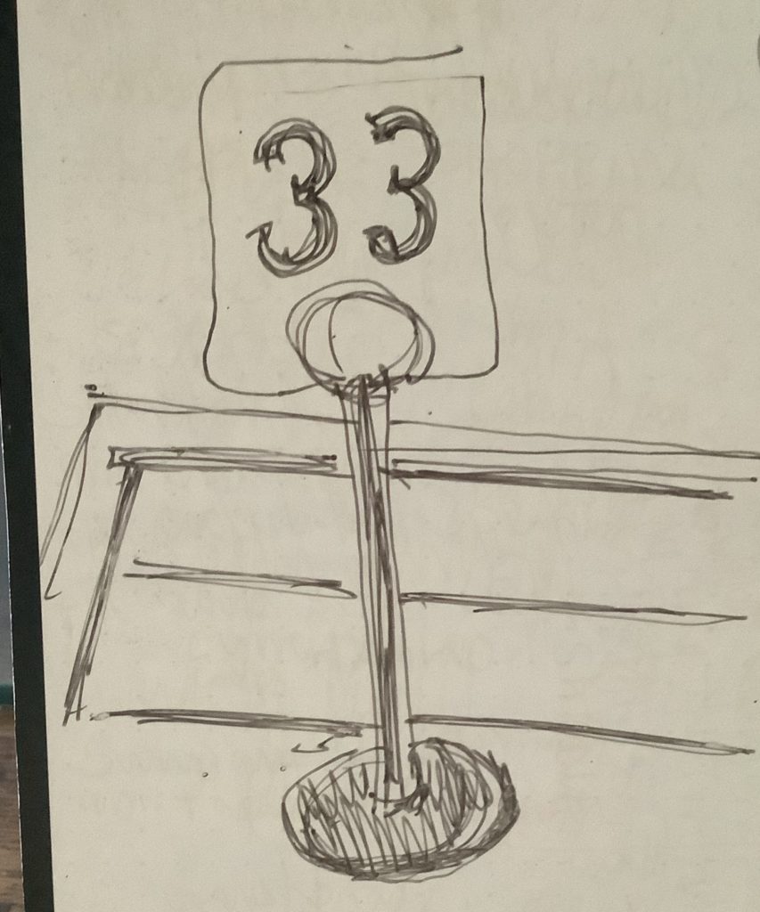 pen and ink drawing of number 33 and table