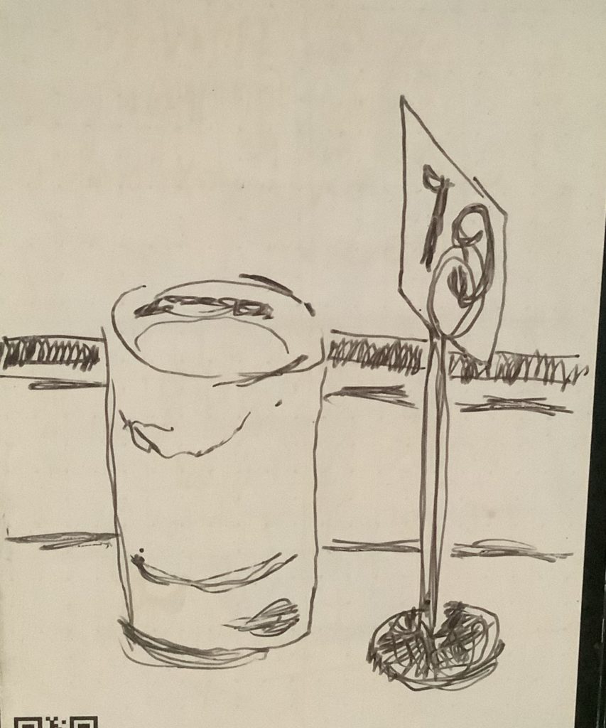 pen and ink drawing of water glass and number